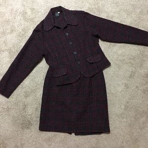 Vintage skirt suit Sparkly black-maroon plaid 10